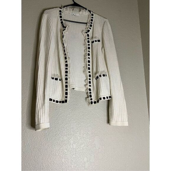 Cabi Cardigan Sweater Womens M Ivory Gabrielle #284 Beaded Ruffles Waffle Knit - Picture 1 of 7